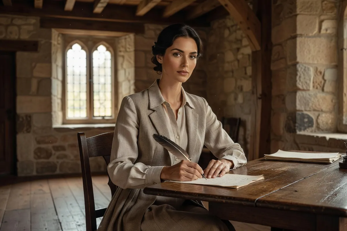 Une femme écrit une lettre à la plume devant une haute fenêtre dans une pièce de style XVIIe siècle