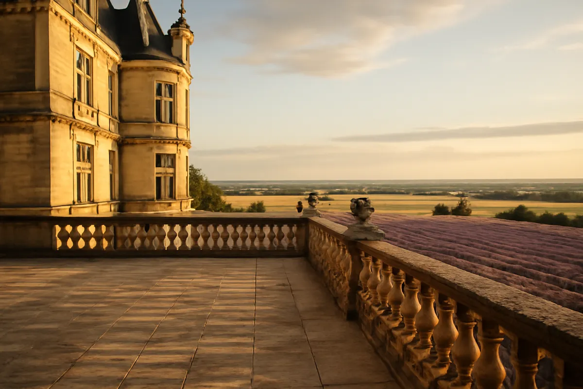 Terrasse à balustrade d'un château Renaissance donnant sur une plaine de lavandes