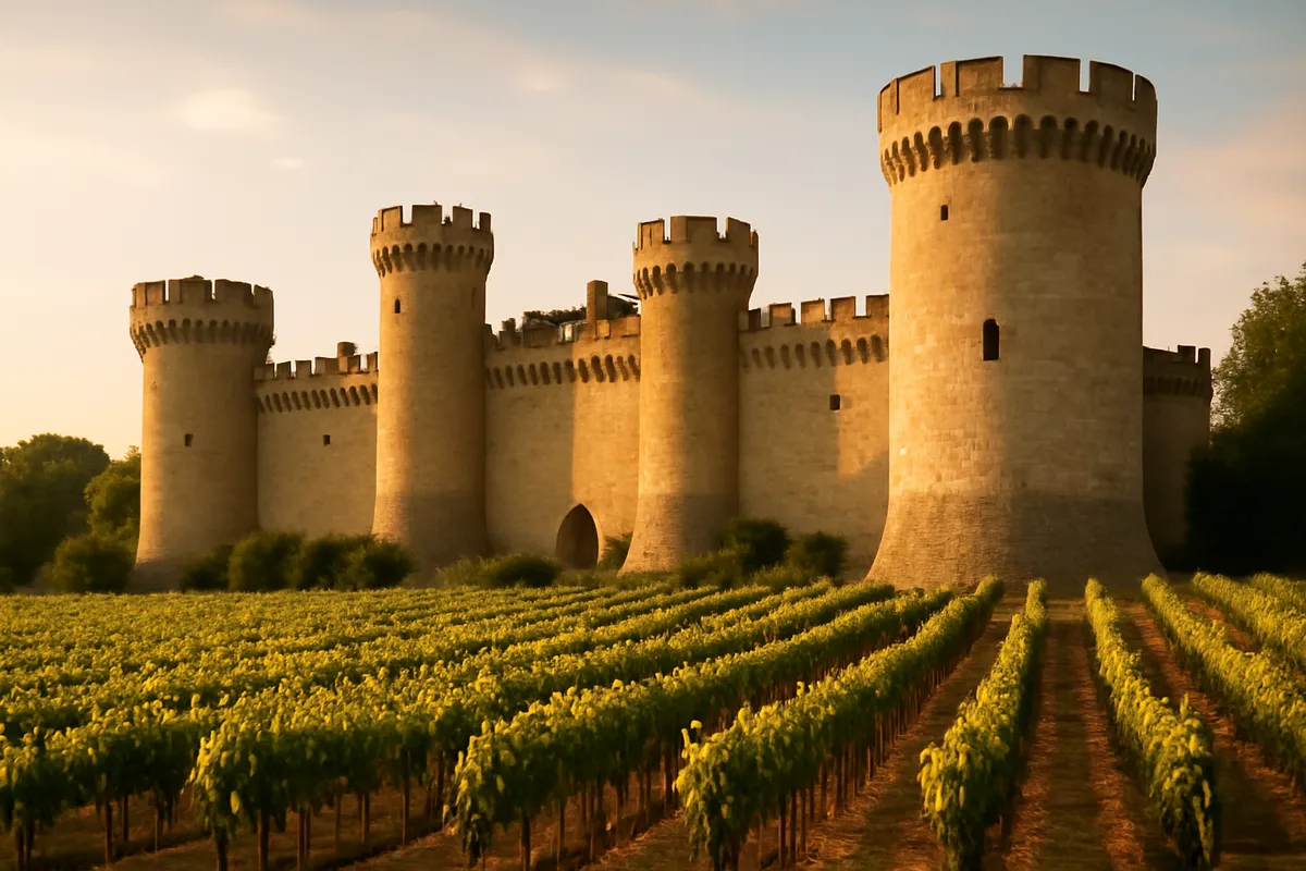 Château féodal à tours rondes crénelées à côté de rangs de vignes, dans la lumière du soir