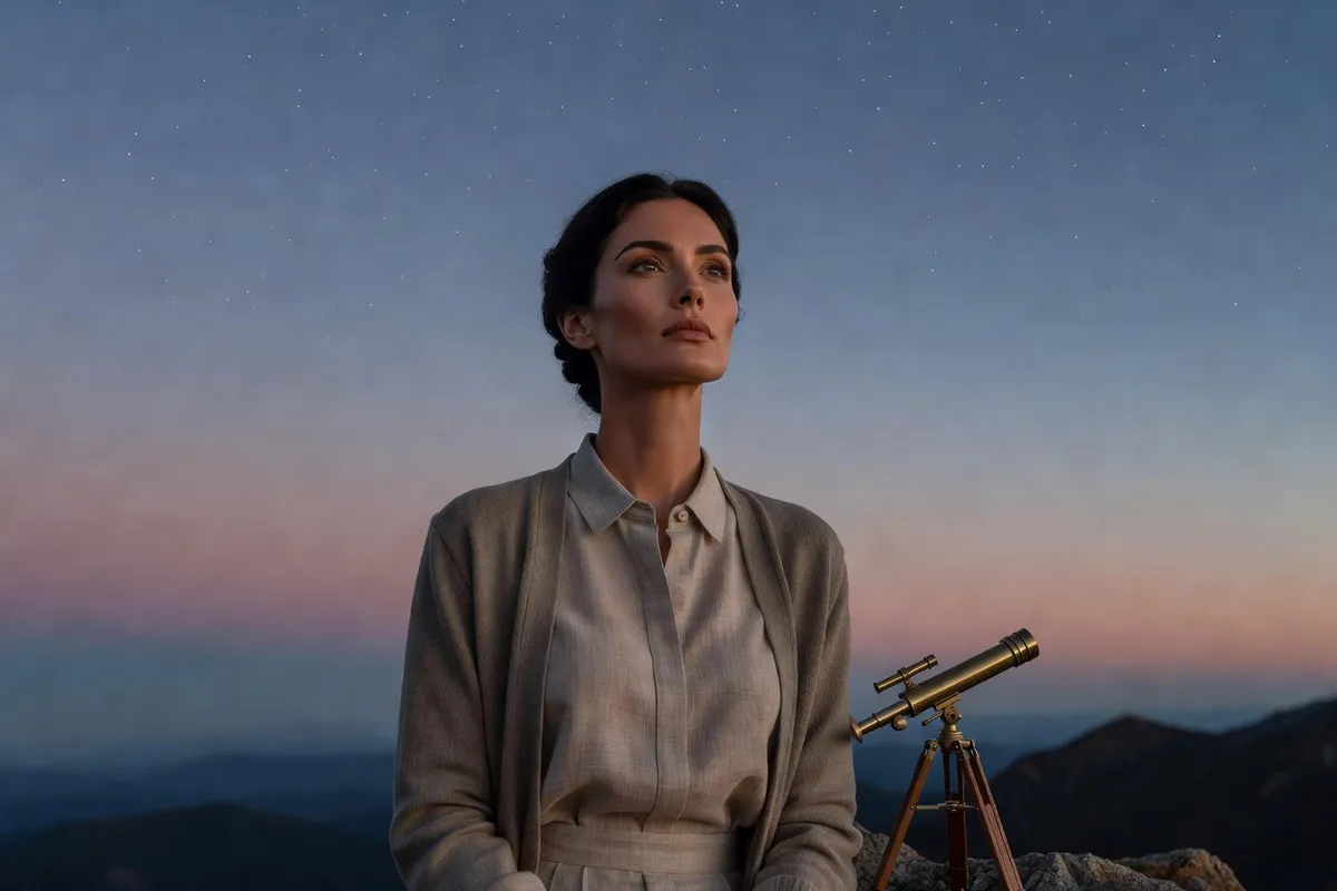Une femme regarde les premières étoiles à côté d'un petit télescope sur une crête de montagne