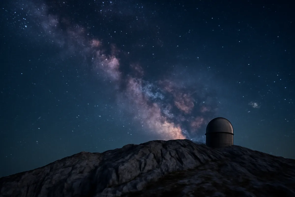 La Voie lactée au-dessus d'une crête calcaire, avec la silhouette d'une petite coupole d'observatoire
