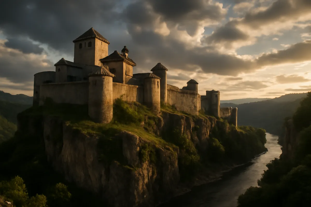 Grande citadelle sur un éperon rocheux au-dessus d'une gorge, dans la lumière du soir