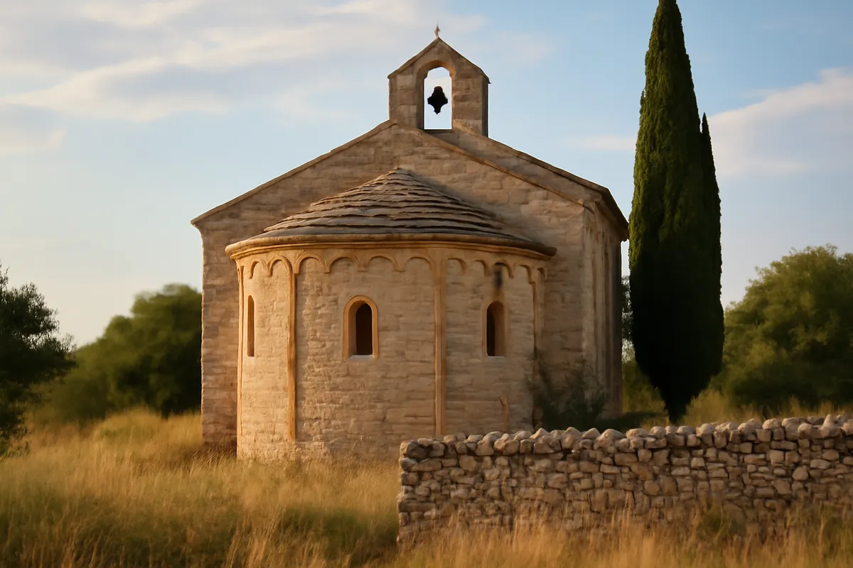 Petite église romane de campagne vue du côté de l'abside, avec son clocher-mur et un cyprès