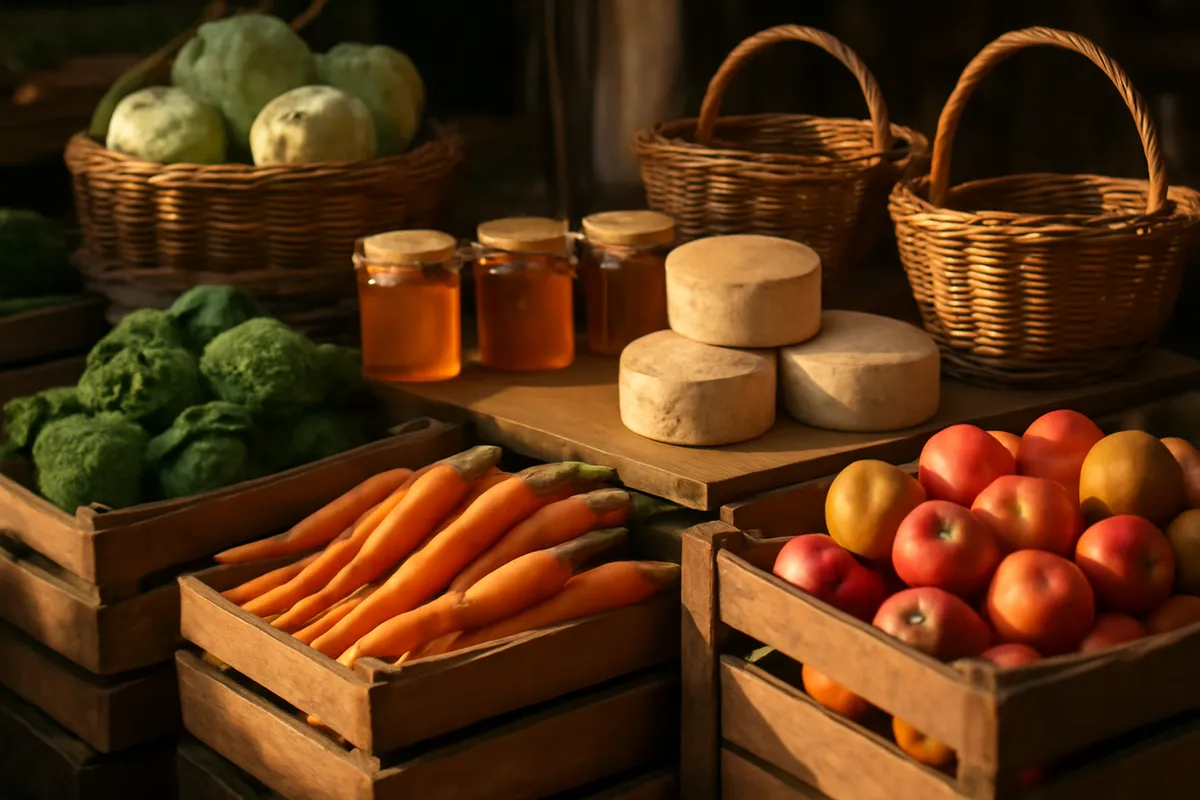 Nature morte de marché : caisses de légumes et de pommes, pots de miel, fromages et paniers en osier