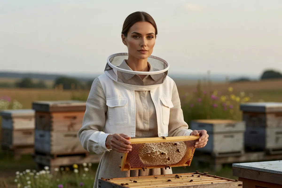 Une apicultrice en veste blanche soulève un cadre de miel d'une ruche en bois