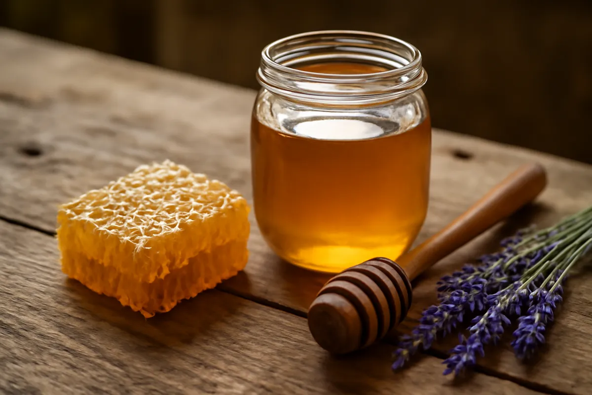 Pot de miel doré, morceau de rayon, cuillère à miel en bois et brins de lavande sur une table rustique