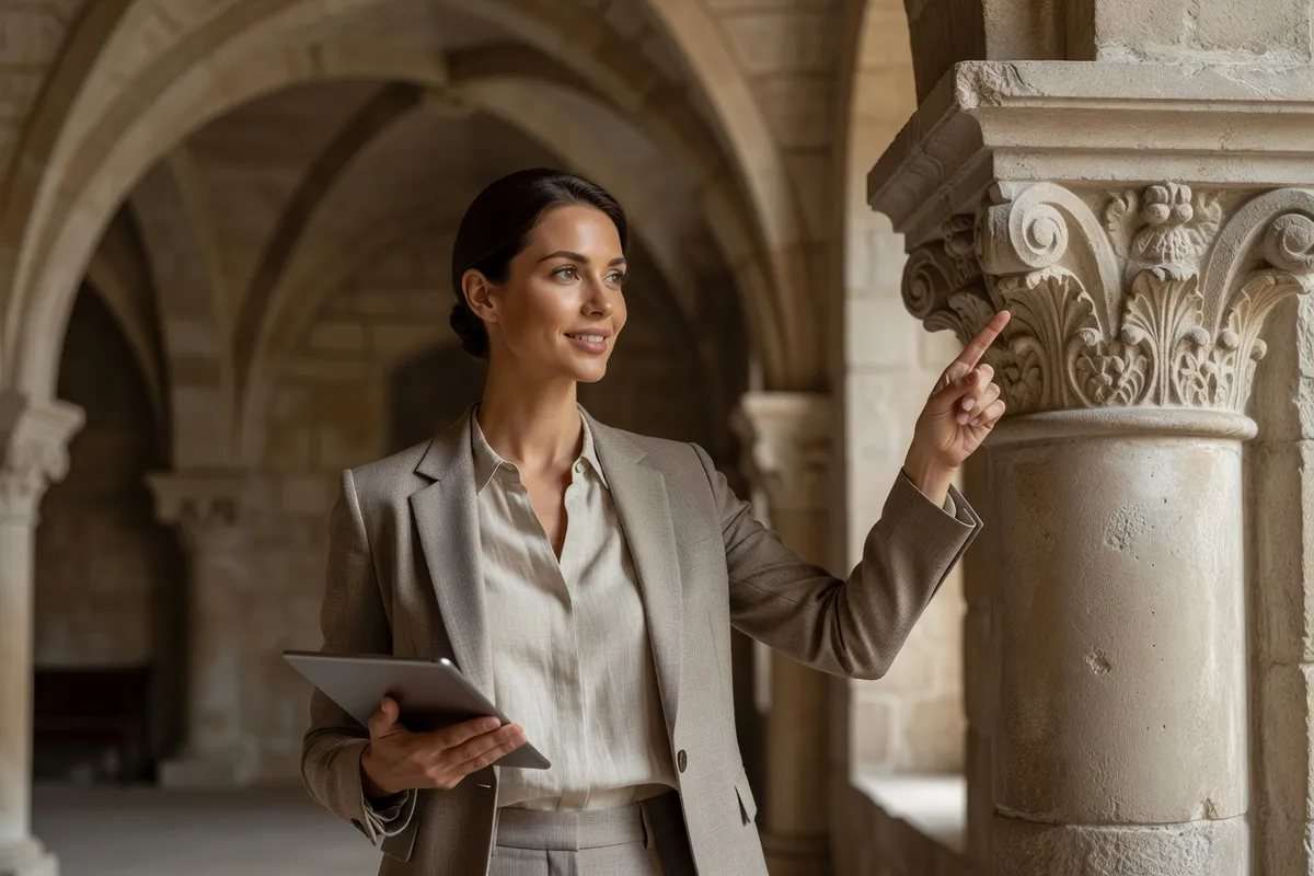 Une guide-conférencière montre du doigt un chapiteau sculpté dans une salle voûtée de château