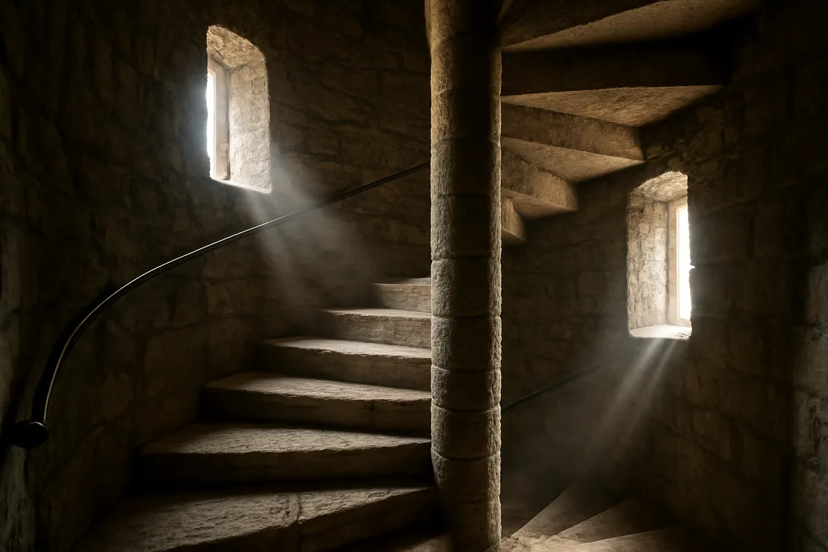 Escalier à vis en pierre dans la tour d'un château médiéval, marches usées et rais de lumière