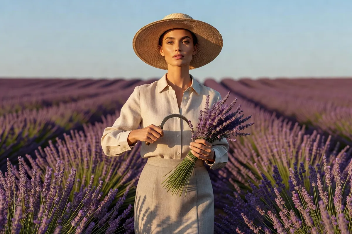 Une femme coupe la lavande à la serpette dans un champ en fleurs à la lumière dorée du soir