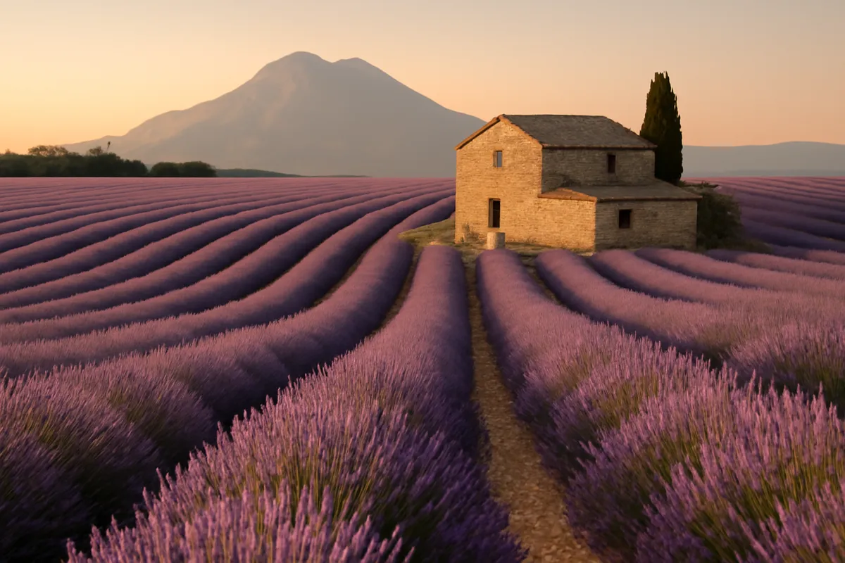 Rangs de lavande en fleurs menant à une ferme de pierre, avec une montagne pâle au fond
