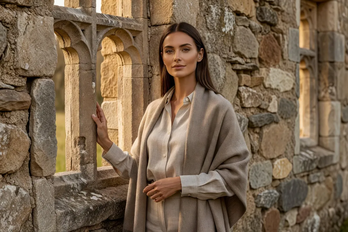Une femme pose la main sur l'encadrement de pierre d'une fenêtre à meneaux d'un manoir fortifié