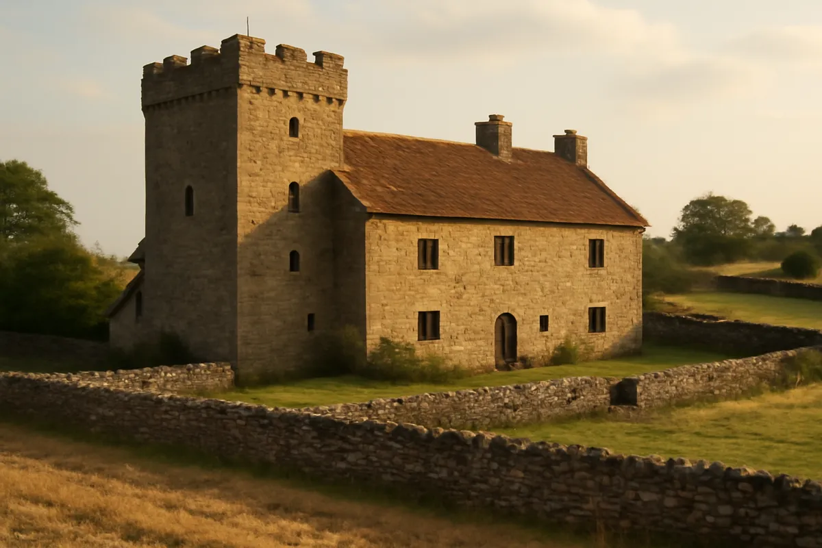 Maison forte rurale du XVIe siècle avec une tour carrée, au milieu des champs et des murs de pierre sèche