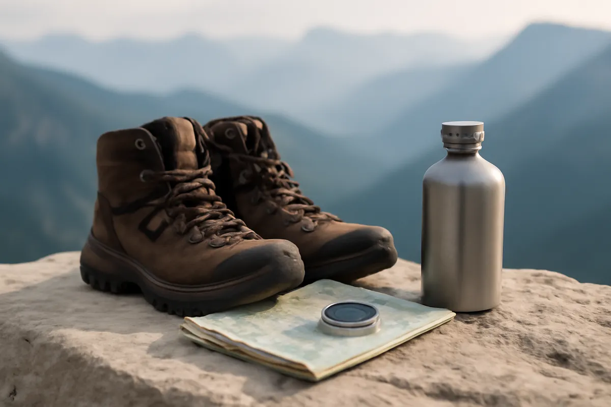 Chaussures de randonnée usées, carte pliée, boussole et gourde posées sur un rocher calcaire