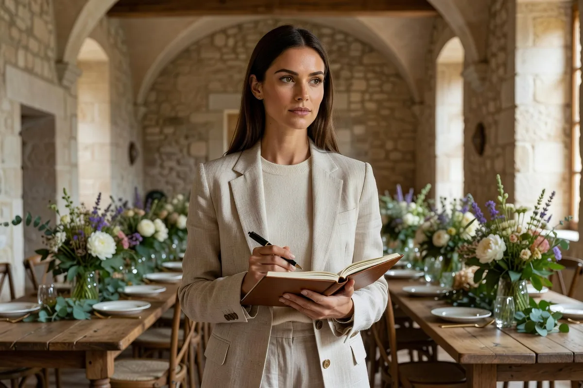 Une organisatrice avec un carnet visite une salle de réception d'un château, tables longues et fleurs