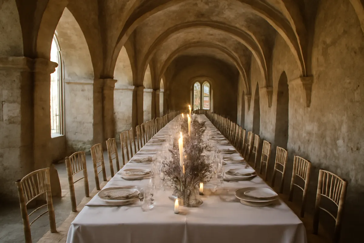 Longue table de banquet en nappe blanche, bougies et lavande dans une salle voûtée de château