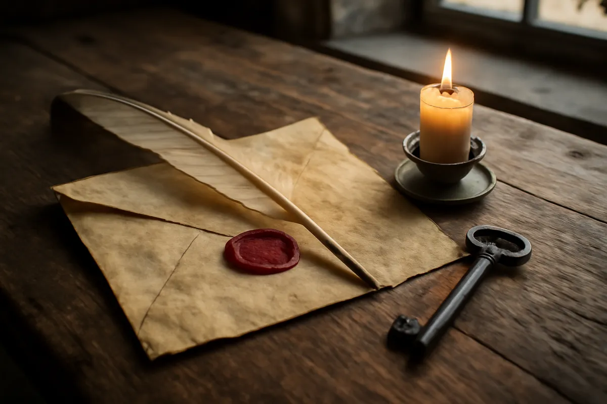 Nature morte d'archives : parchemin ancien, sceau de cire rouge, plume, clé de fer et bougie