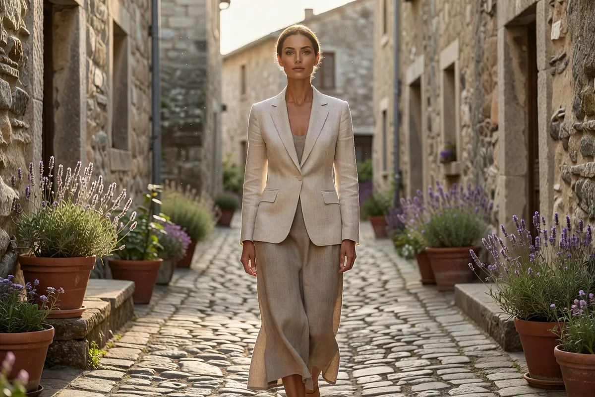 Une femme monte une ruelle de pierre bordée de pots de lavande et de vieilles maisons