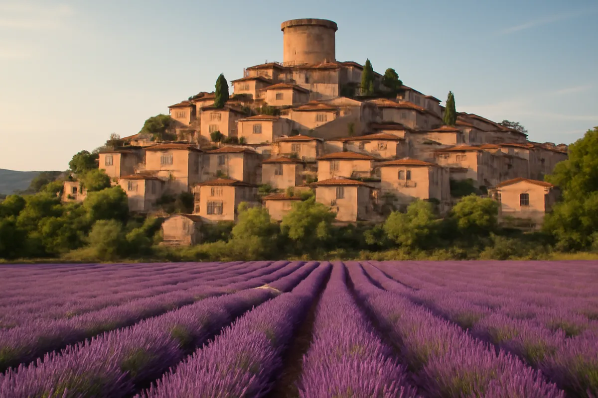 Village perché dominé par un donjon polygonal, avec un champ de lavande au premier plan