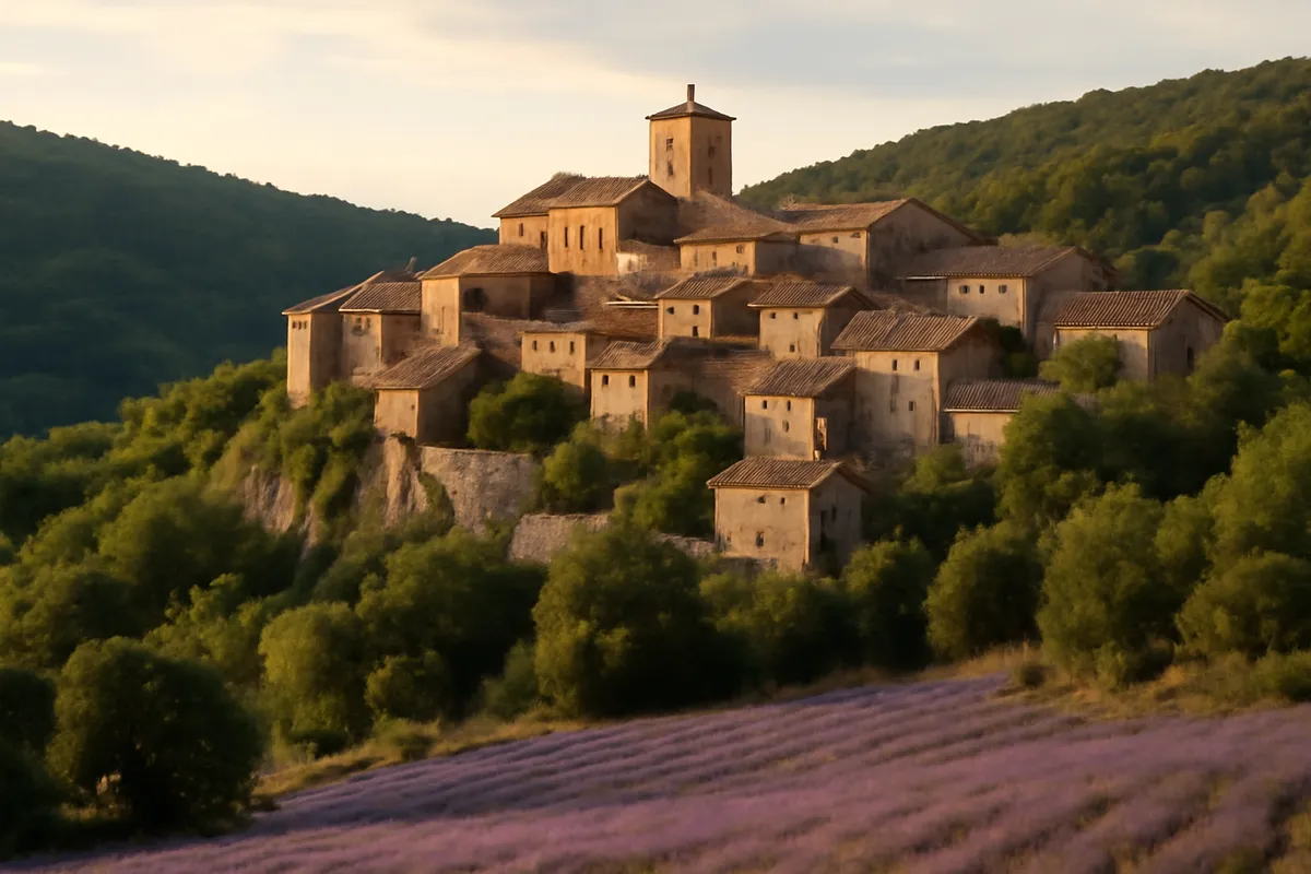 Village de pierre perché sur une crête, entouré de chênaies et de champs de lavande, vu de loin