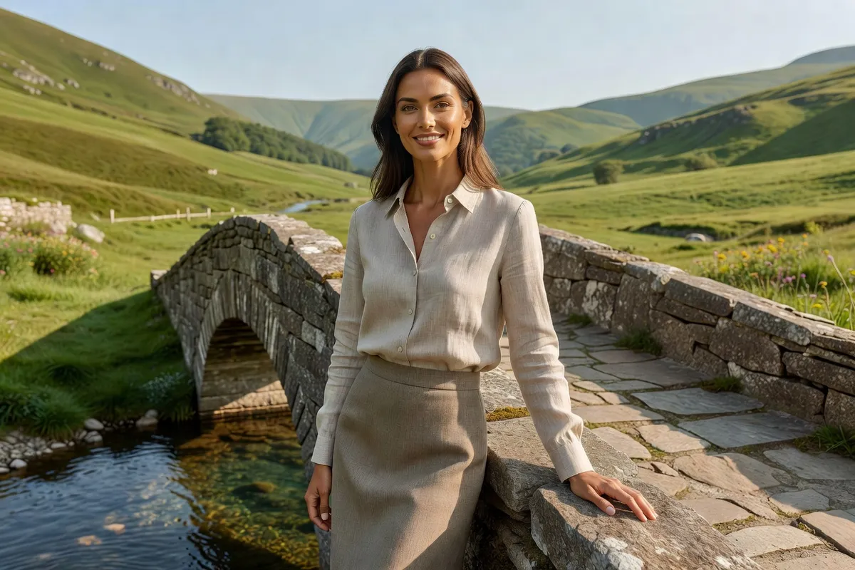 Une femme sourit, accoudée au parapet d'un petit pont de pierre au-dessus d'une rivière claire