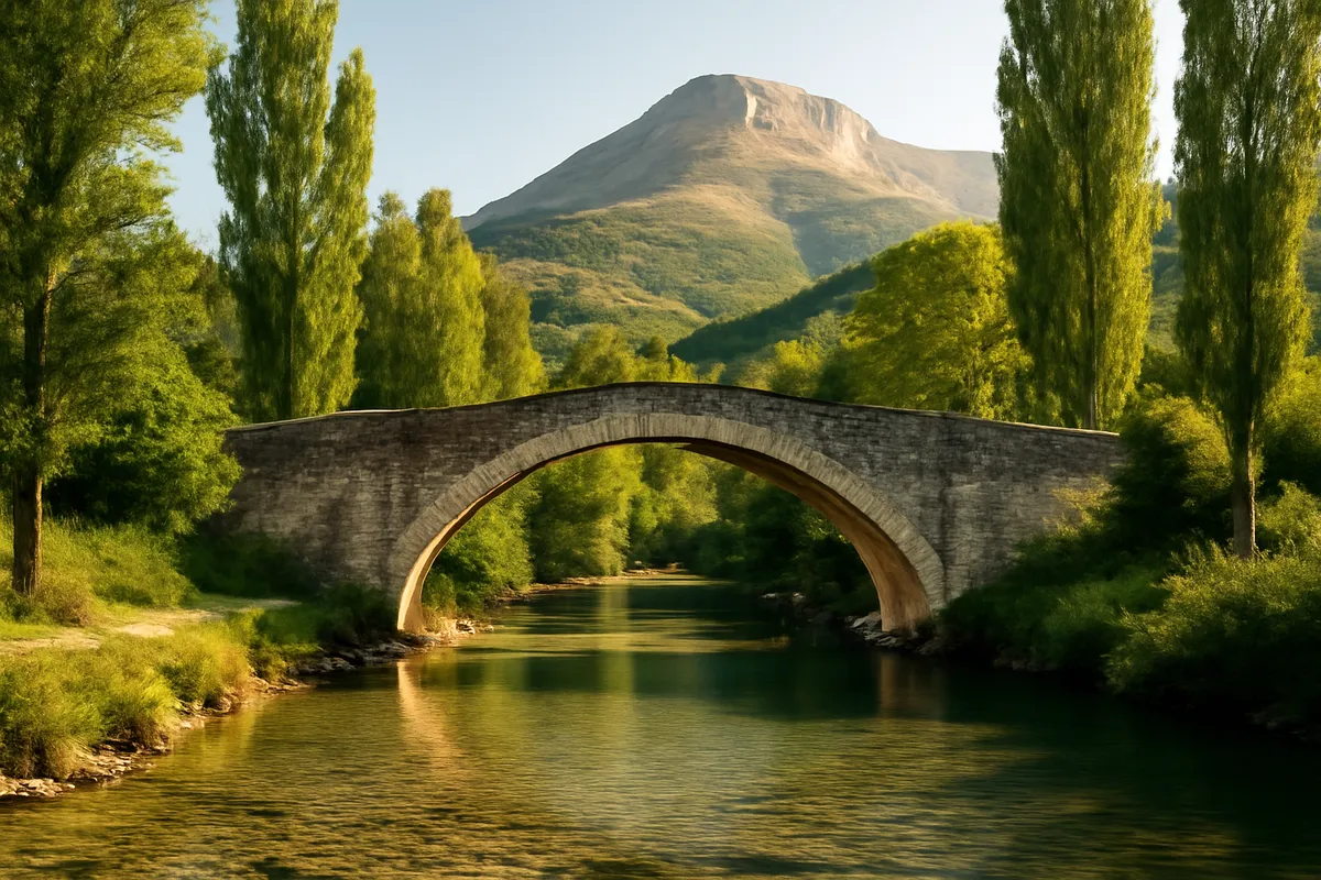 Vieux pont de pierre sur une rivière claire bordée de peupliers, avec une montagne pâle au fond