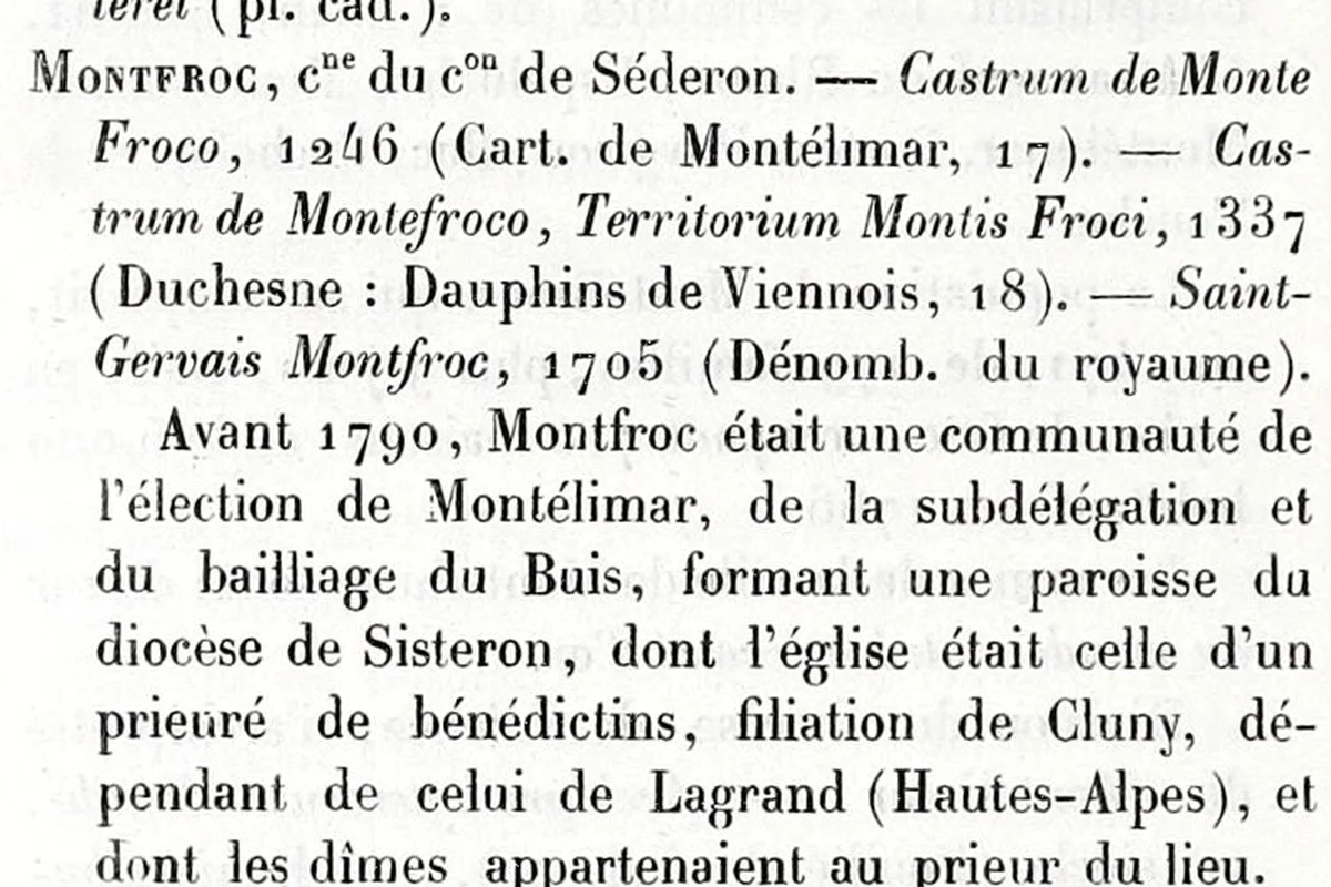 Début de l'article Montfroc du dictionnaire de Brun-Durand : formes anciennes du nom, 1246 et 1337