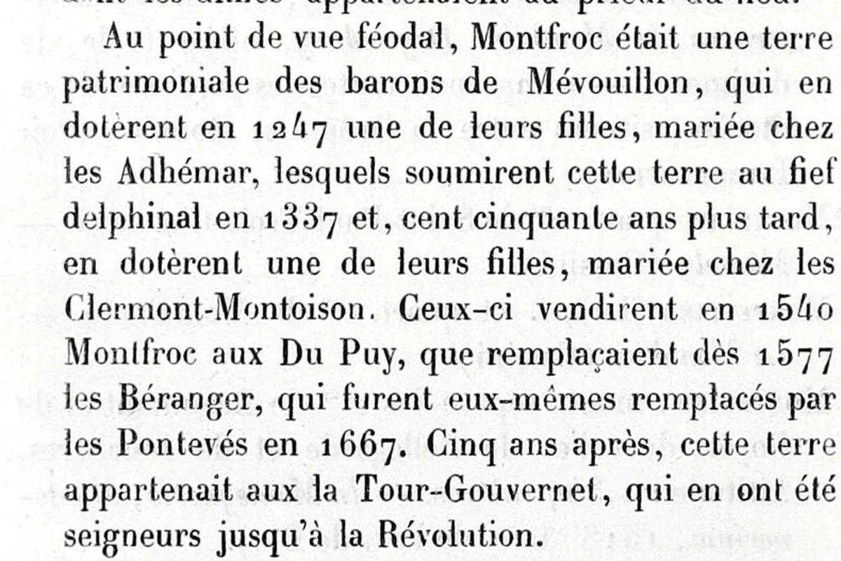 Extrait de la page 230 du Dictionnaire topographique de la Drôme, paragraphe sur les seigneurs de Montfroc