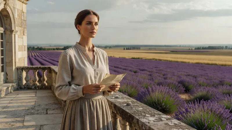 Une femme élégante tenant une lettre pliée, sur la terrasse d'un château Renaissance donnant sur une vaste plaine de lavandes