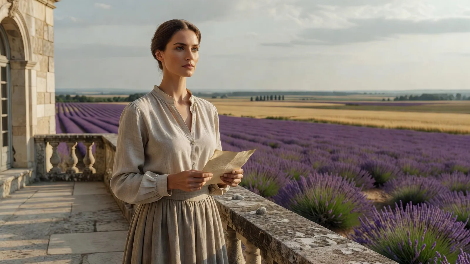 Une femme élégante tenant une lettre pliée, sur la terrasse d'un château Renaissance donnant sur une vaste plaine de lavandes