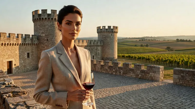 Une femme tenant un verre de vin rouge dans la cour d'un château féodal à tours rondes, avec des vignes derrière les murs