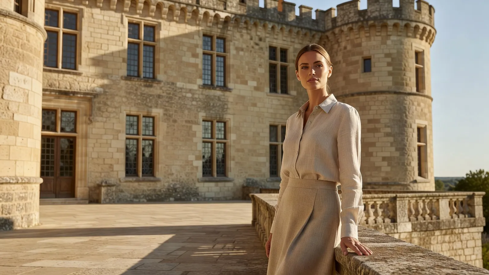 Une visiteuse élégante devant la façade d'un château de pierre à tours rondes et terrasse (illustration)