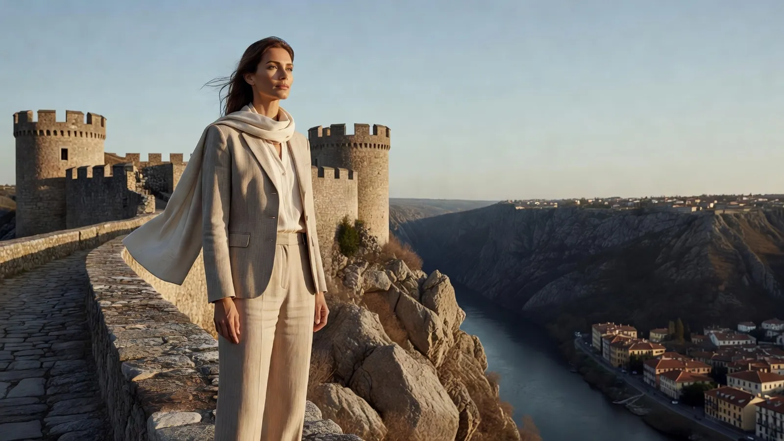 Une femme sur le rempart d'une grande forteresse perchée sur un éperon rocheux au-dessus d'une gorge, les toits d'une ville très bas