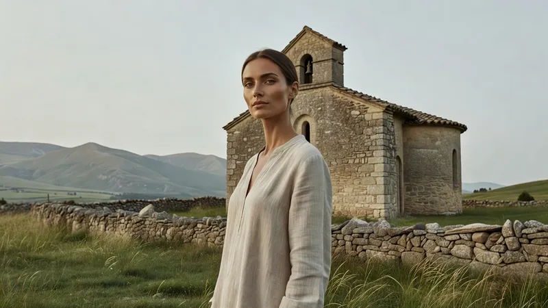 Une femme devant une petite église rurale de pierre à clocher, avec un mur de pierre sèche et la montagne en arrière-plan