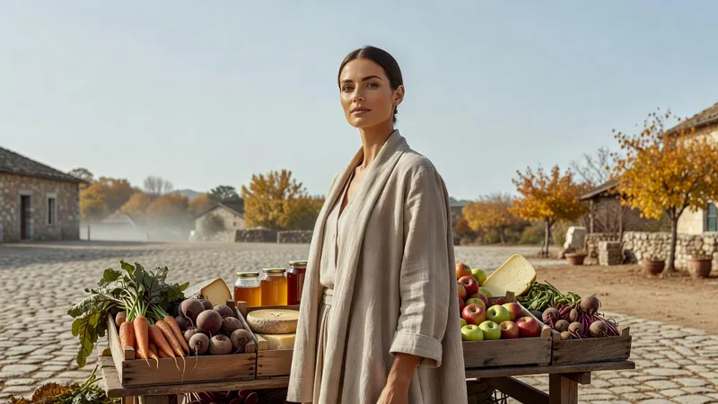 Une femme à l'étal d'un marché de village en automne, avec des caisses de légumes, des pommes, des pots de miel et des fromages