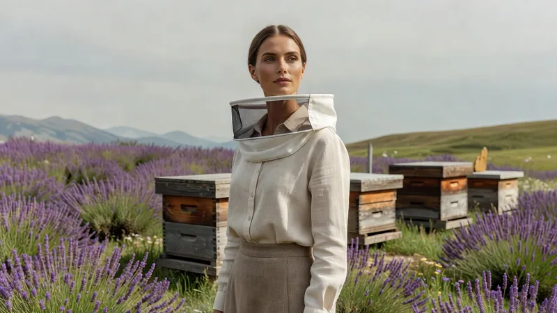 Une apicultrice en veste blanche, voile relevé, debout près de ruches en bois dans une prairie de montagne fleurie de lavande
