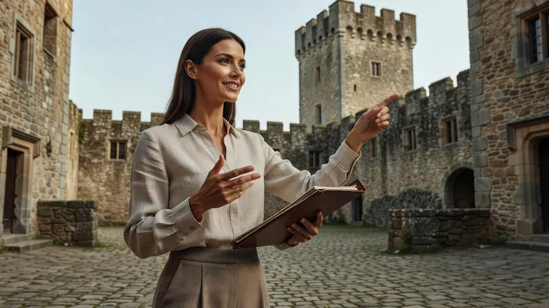 Une guide-conférencière avec un dossier explique en souriant, le bras tendu vers une tour de pierre dans la cour d'un château