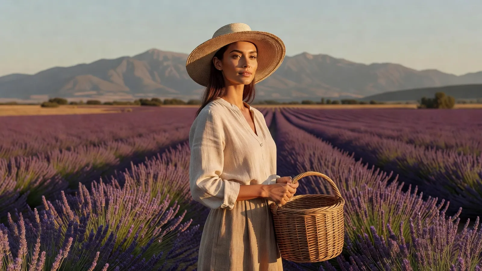 Une cueilleuse de lavande au chapeau de paille, un panier en osier à la main, dans un champ en fleurs