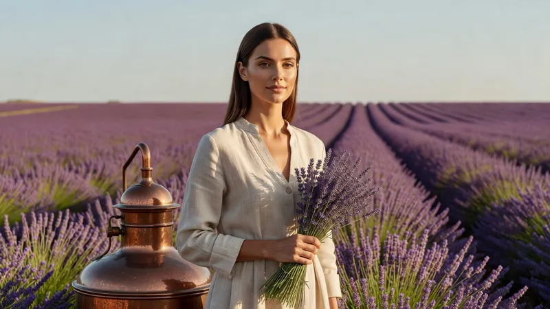 Une femme au chapeau de paille tient un bouquet de lavande à côté d'un grand alambic de cuivre, près d'un champ en fleurs
