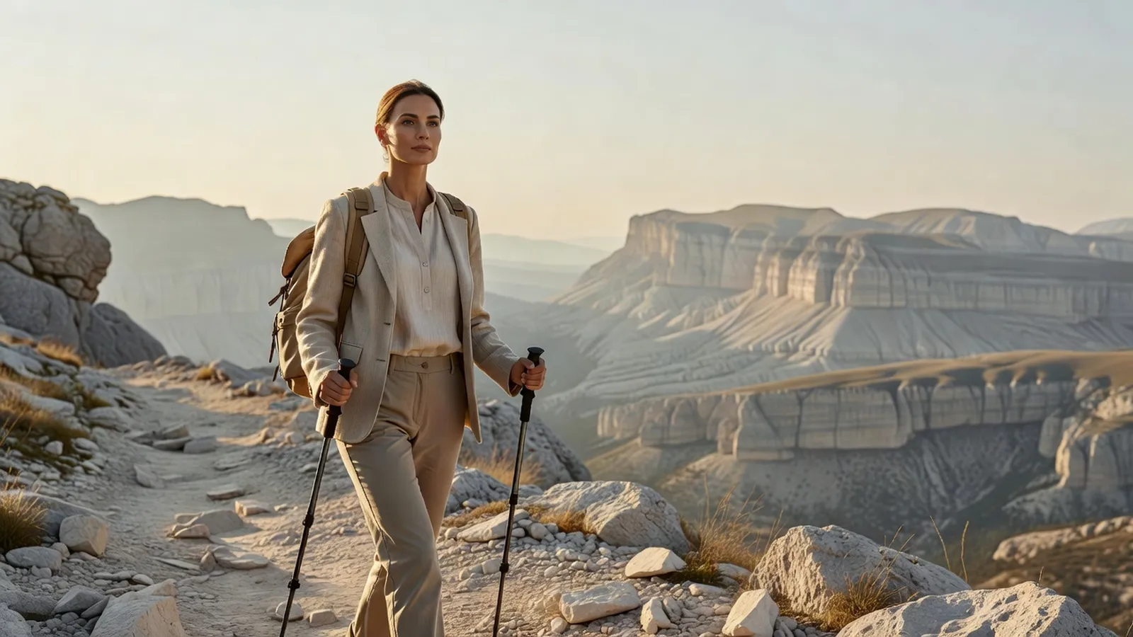 Une randonneuse avec un sac à dos et des bâtons marche sur un sentier de pierres, sur une montagne calcaire aux longues crêtes