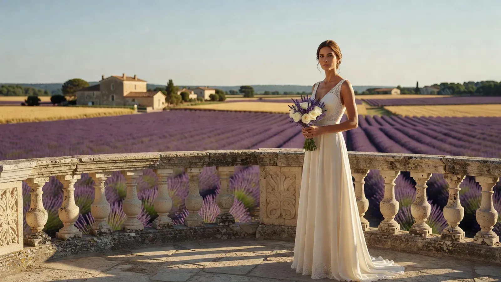 Une mariée en robe ivoire simple avec un petit bouquet de lavande, sur la terrasse de pierre d'un château provençal, des champs de lavande au loin