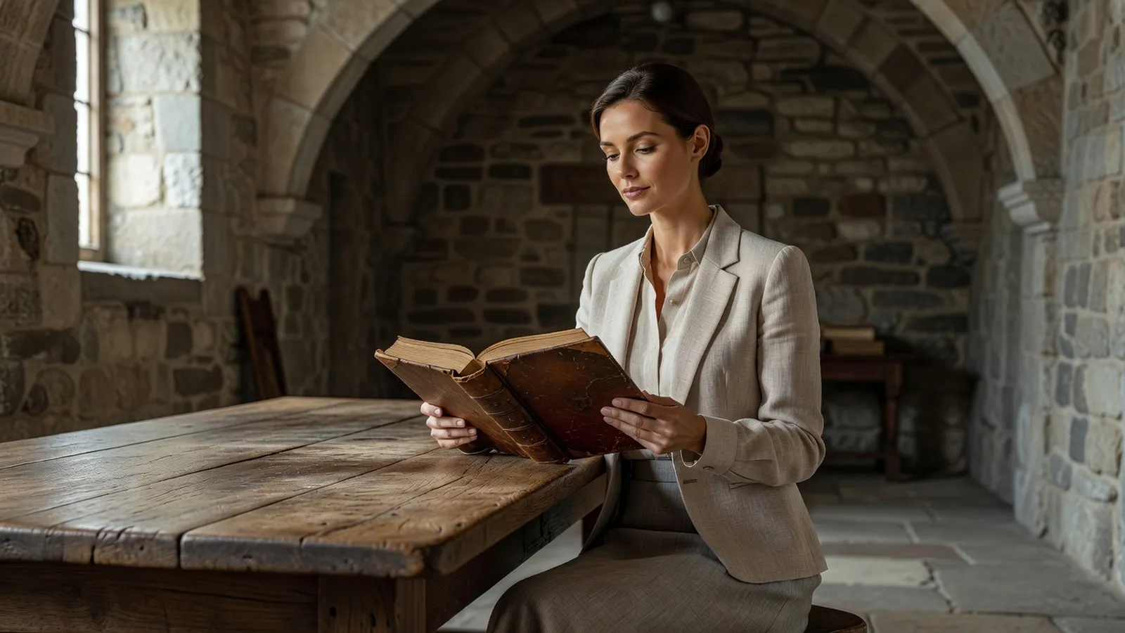 Une femme assise à une table de chêne dans une salle voûtée, lisant un grand registre relié de cuir sous la lumière d'une fenêtre
