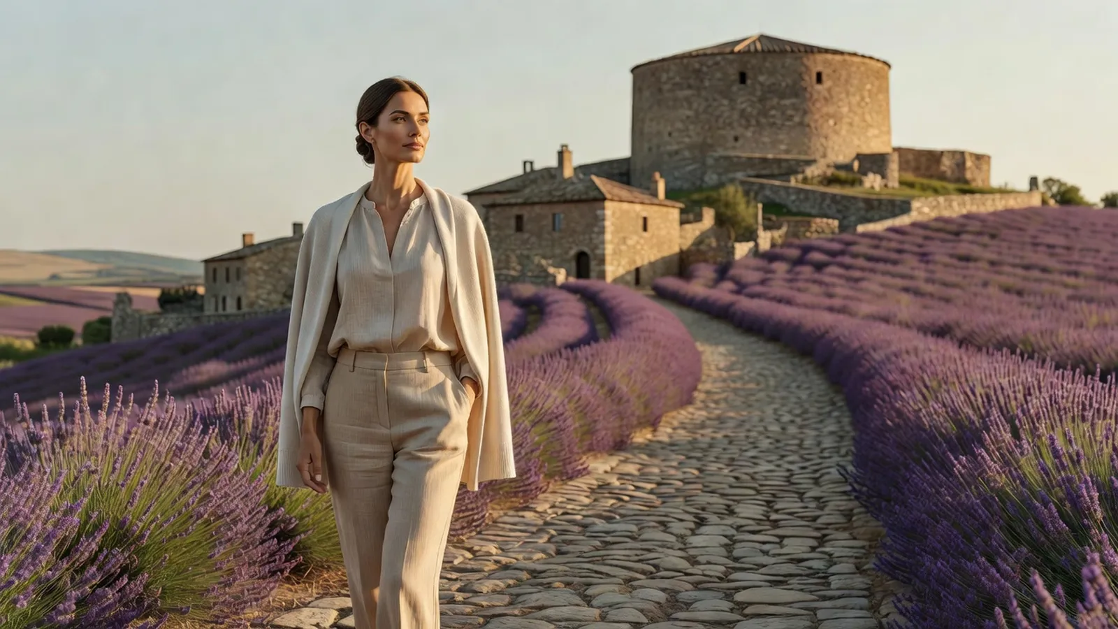 Une femme marche dans une ruelle de pierre d'un village perché, avec un donjon rond polygonal sur la colline et des champs de lavande en contrebas