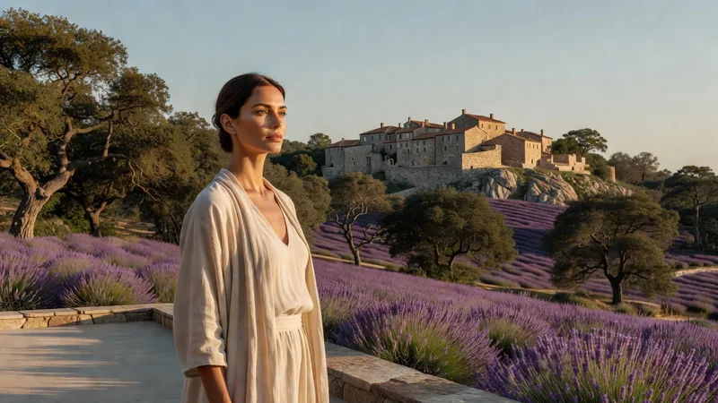 Une femme sur une terrasse d'observation regarde un village de pierre perché sur une crête, entre chênaies et champs de lavande, à l'heure dorée
