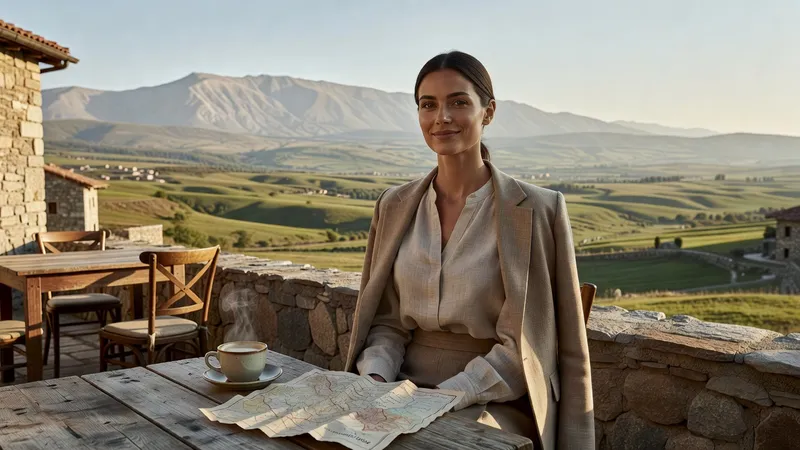 Une femme souriante attablée à la terrasse d'un village avec un café et une carte papier, la vallée du Jabron et une montagne pâle derrière elle
