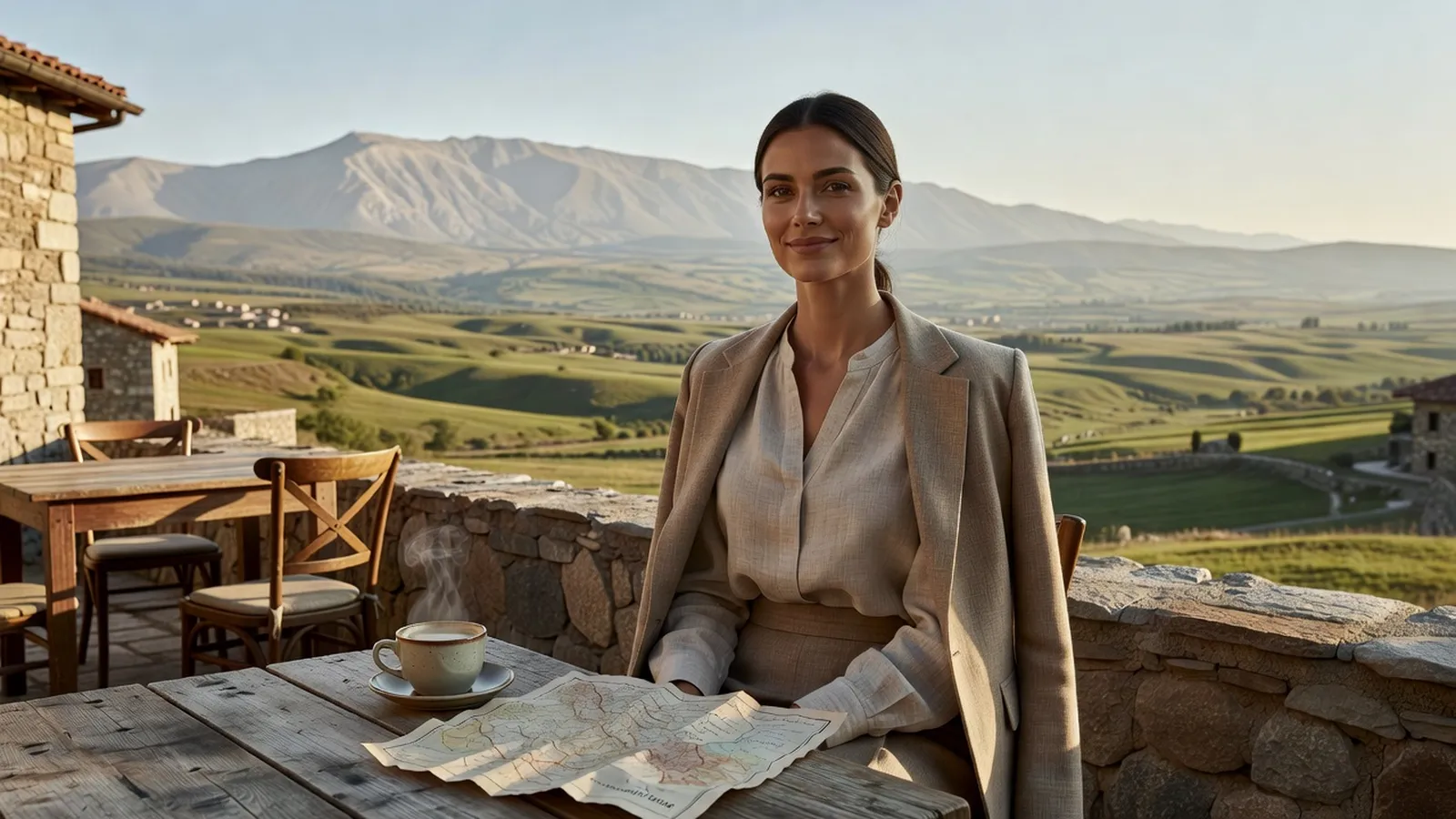 Une femme souriante attablée à la terrasse d'un village avec un café et une carte papier, la vallée du Jabron et une montagne pâle derrière elle